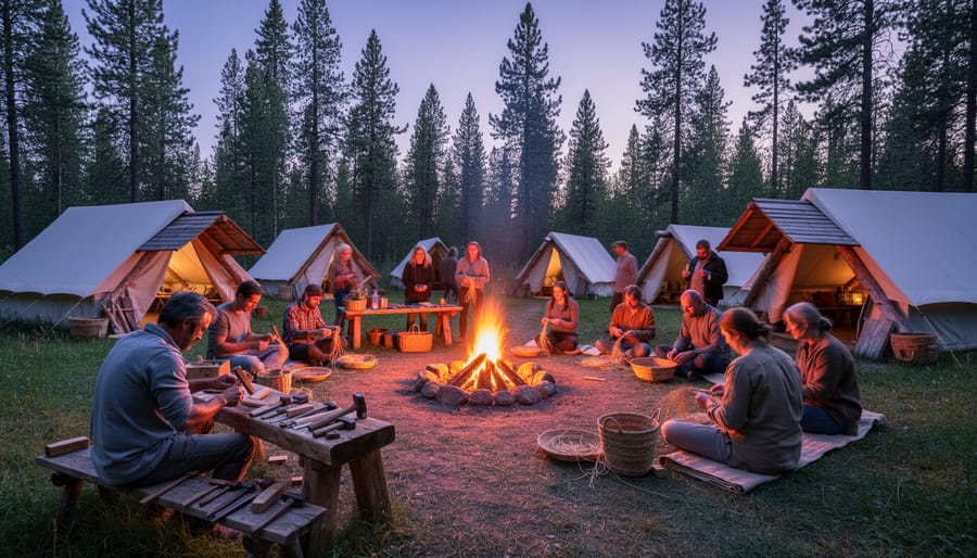 People gathered around a campfire at dusk with tents and trees in the background during a skills gathering