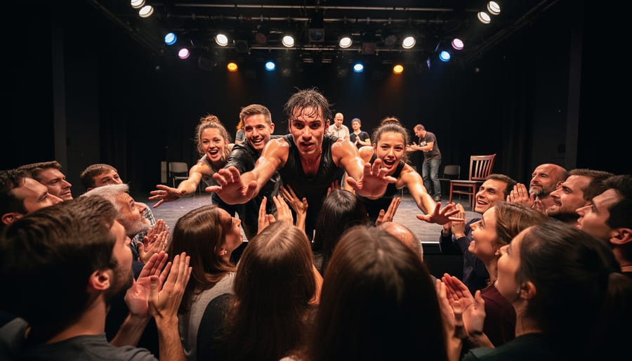 Performers acting on a small black-box stage with dramatic spotlighting