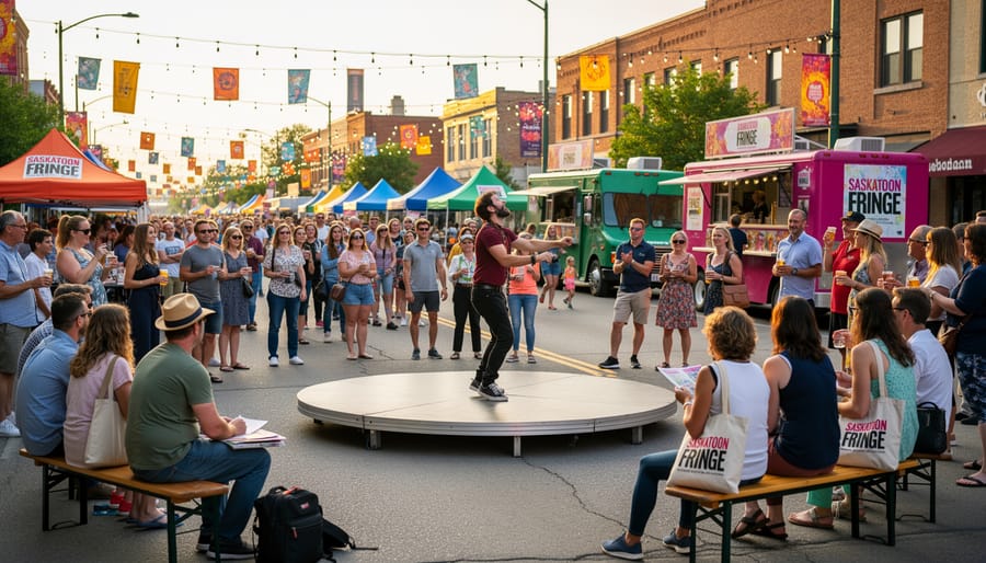 Crowd gathered near an outdoor stage at a summer fringe festival near W.E. Graham Park