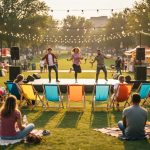 Outdoor Saskatoon Fringe festival scene with performers on a small stage, string lights, and a crowd gathered on sunlit grass.