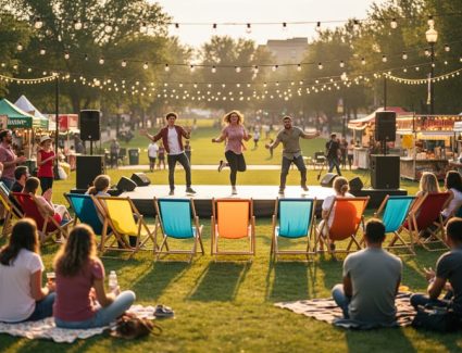 Outdoor Saskatoon Fringe festival scene with performers on a small stage, string lights, and a crowd gathered on sunlit grass.