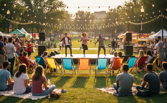Outdoor Saskatoon Fringe festival scene with performers on a small stage, string lights, and a crowd gathered on sunlit grass.