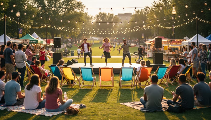 Outdoor Saskatoon Fringe festival scene with performers on a small stage, string lights, and a crowd gathered on sunlit grass.