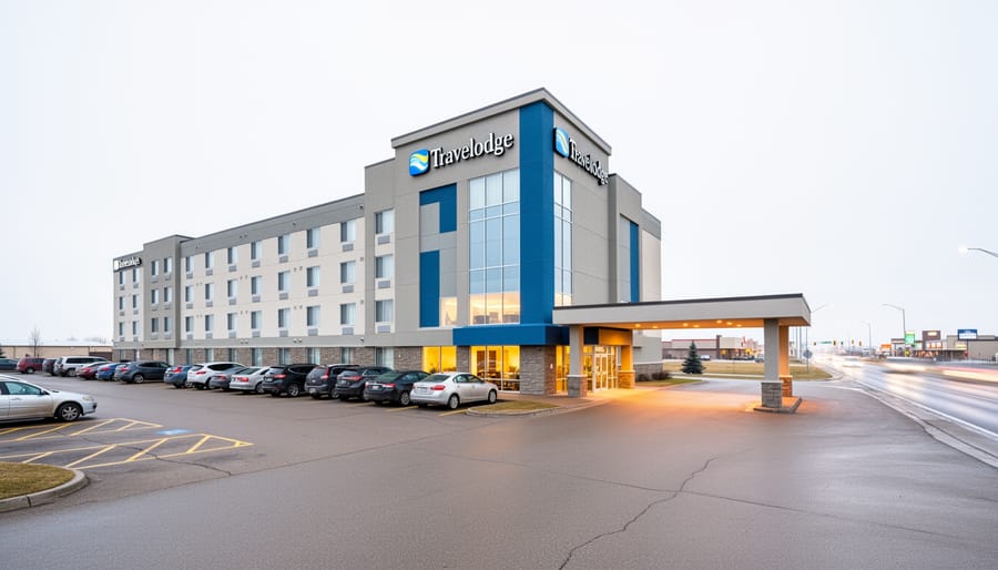 Exterior view of the Saskatoon Travelodge on Circle Drive West with driveway and parking area under a bright overcast sky.