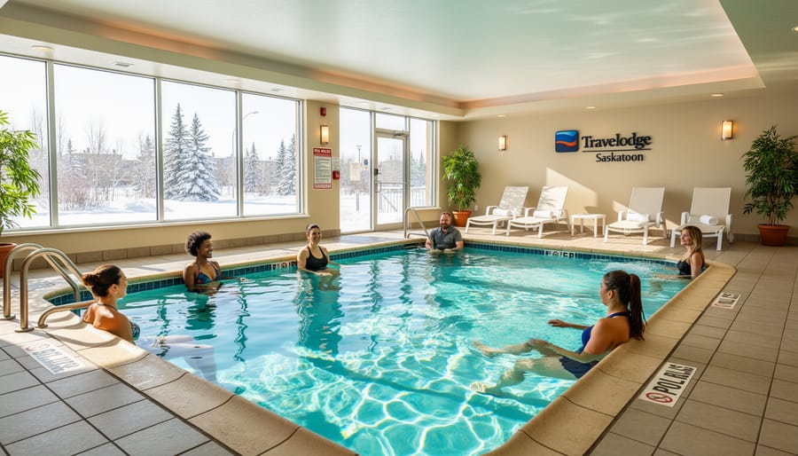 Indoor hotel swimming pool with water reflections and clean tiled surfaces