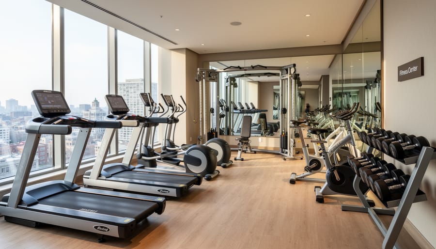 Indoor hotel fitness area with treadmill and stationary bike