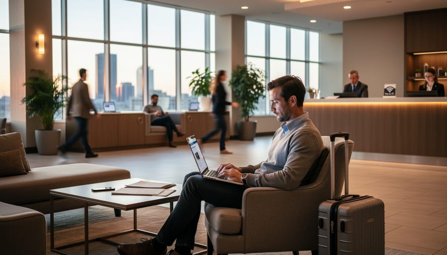 Traveler working on a laptop in a hotel lobby