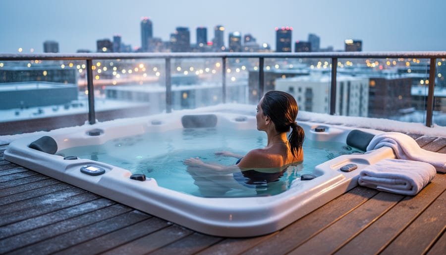 Guest relaxing in an indoor hot tub with bubbling jets