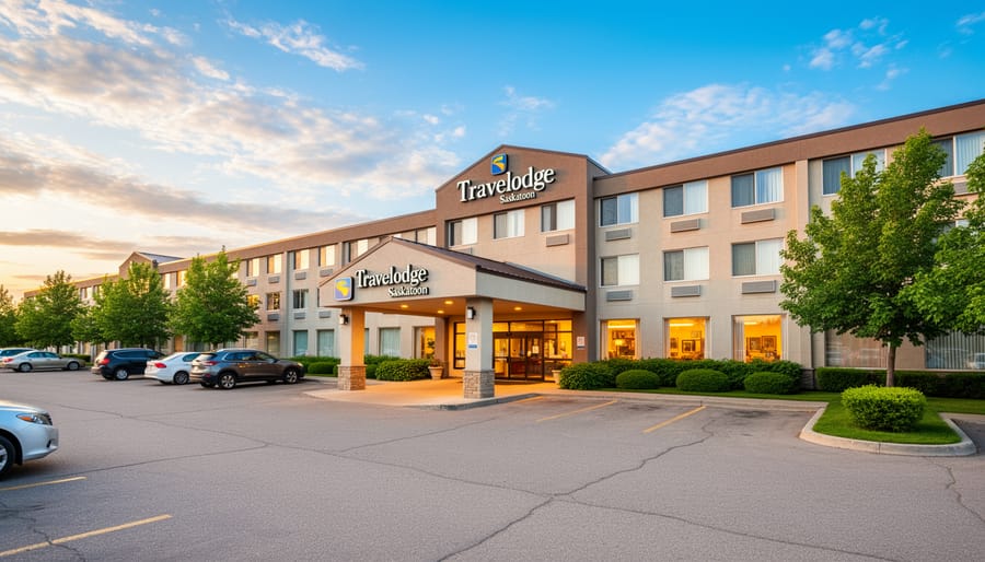 Hotel exterior at dusk with entrance and warm lights