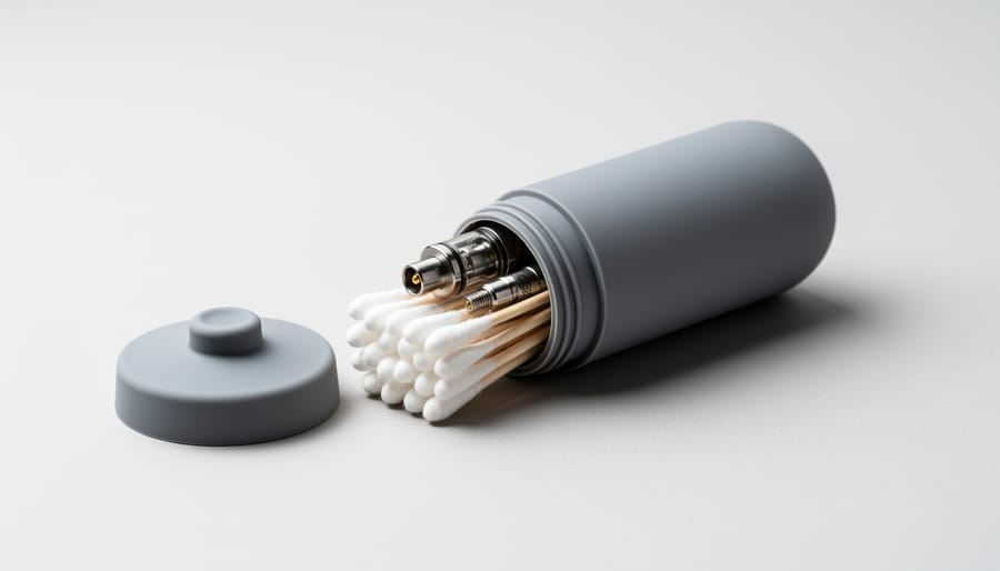 Silicone travel tube with screw-top lid holding Q tips and small vape accessories on a wood surface