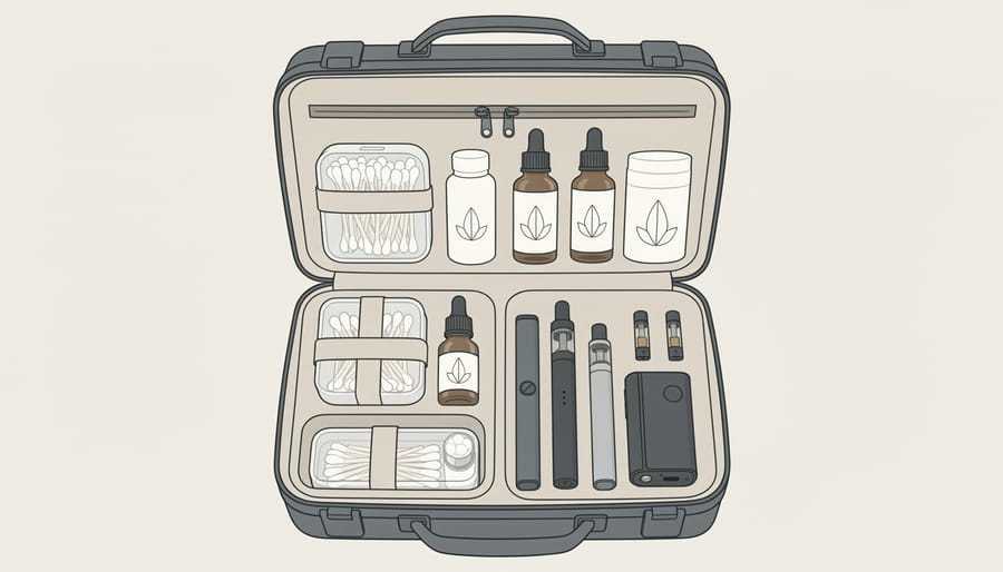 Carry-on bag with organized travel cases holding Q tips and vape gear