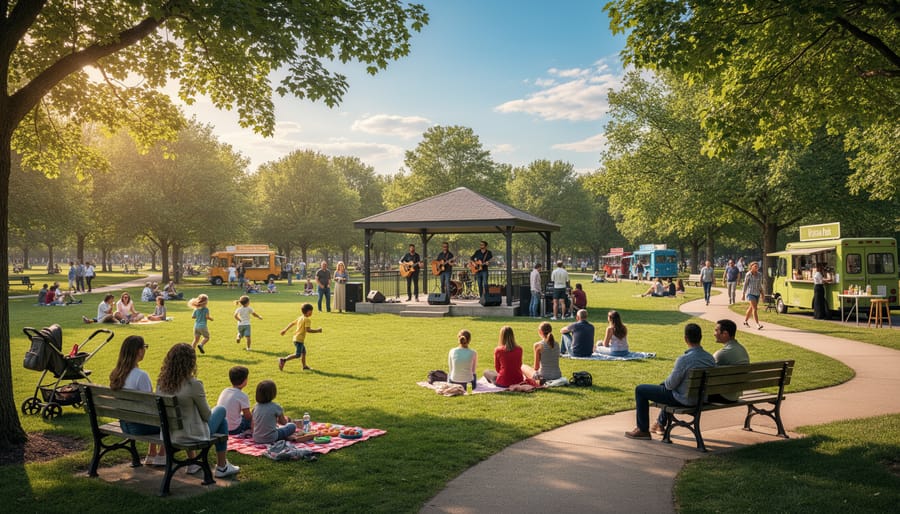 Families on blankets and lawn chairs listening to a jazz ensemble at Victoria Park