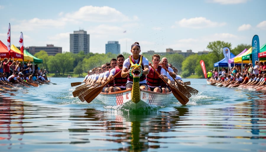 People watch dragon boats racing on Wascana Lake in Regina during a summer festival.