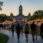 Regina Saskatchewan festival scene at Wascana Park at dusk with warm lights, a diverse crowd, and a landmark-style building in the background.