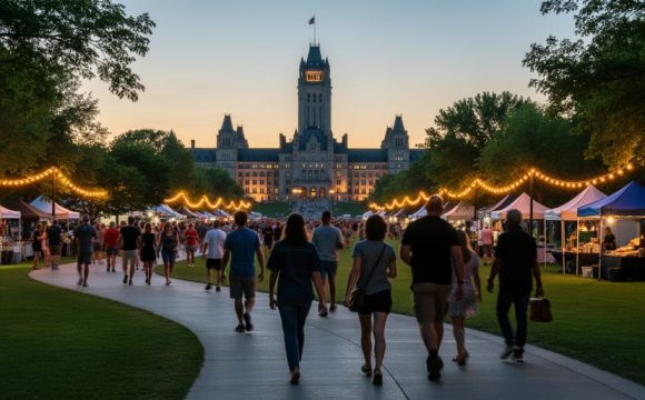 Regina Saskatchewan festival scene at Wascana Park at dusk with warm lights, a diverse crowd, and a landmark-style building in the background.