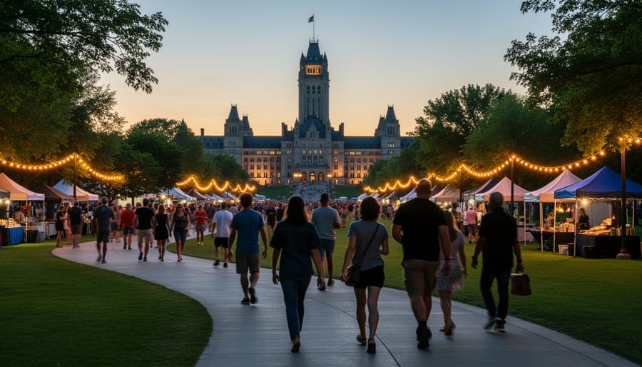 Regina Saskatchewan festival scene at Wascana Park at dusk with warm lights, a diverse crowd, and a landmark-style building in the background.