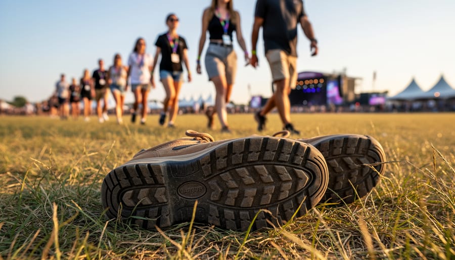 Worn walking shoes on grass near a festival entrance