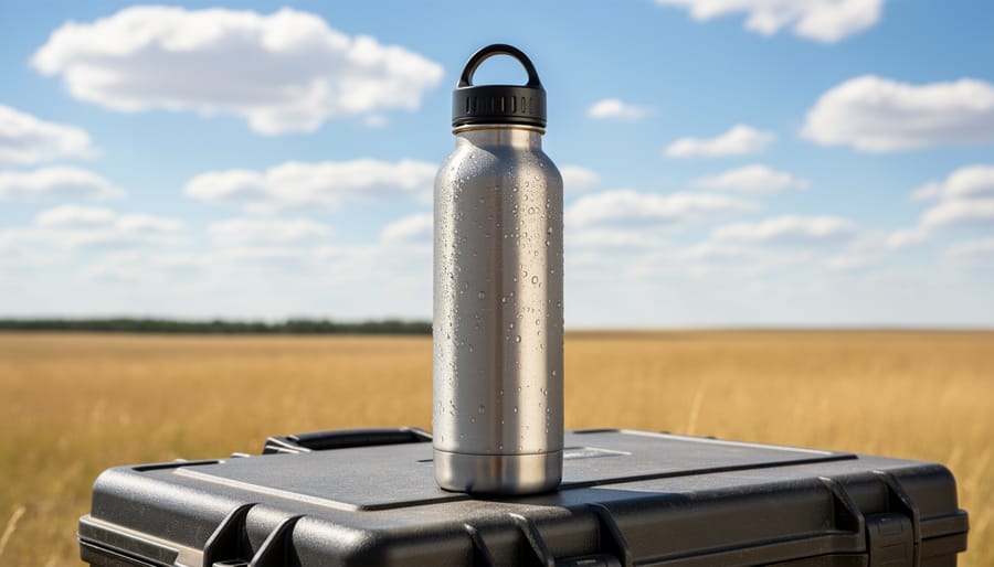 Insulated reusable water bottle ready for hydration at a Saskatchewan festival