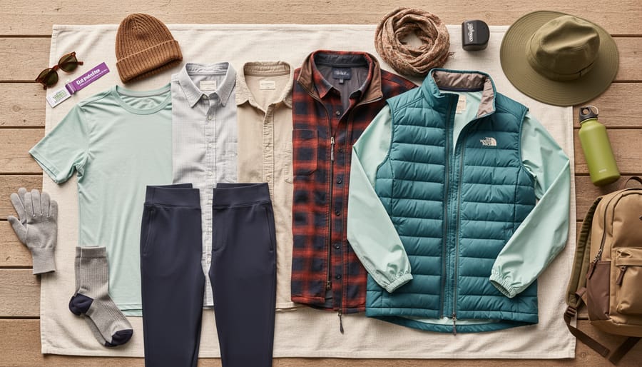 Person arranging layered clothing, a base layer, sweater, and windbreaker, for a Saskatchewan festival day