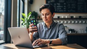 Local business owner typing at a café table with a laptop and smartphone, conveying authentic community participation.