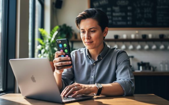 Local business owner typing at a café table with a laptop and smartphone, conveying authentic community participation.