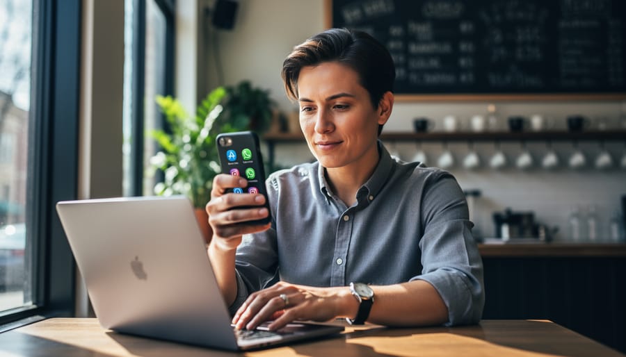 Local business owner typing at a café table with a laptop and smartphone, conveying authentic community participation.