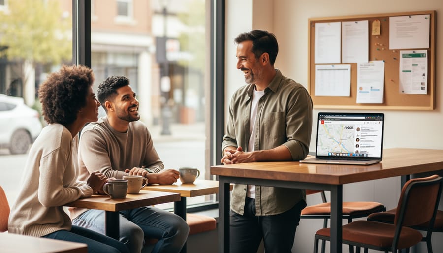Local cafe owner speaking with customers at a counter while holding a tablet