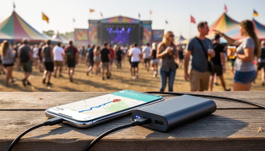 Power bank charging a smartphone during an outdoor festival