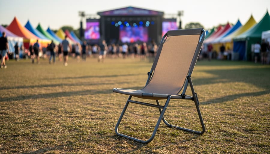 Folding chair set up on grass near a festival stage at golden hour