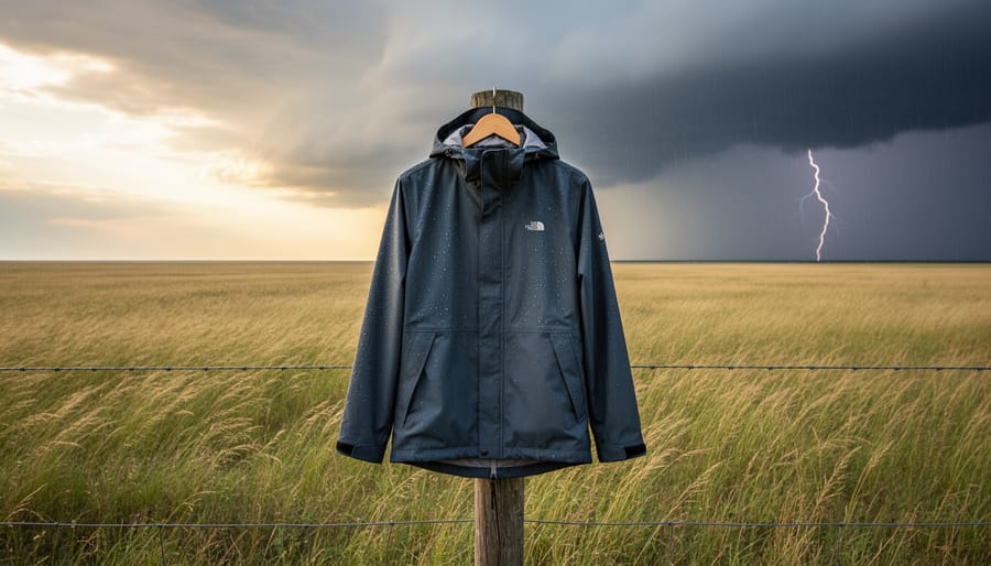 Packable rain jacket open in raindrops near a muddy festival path
