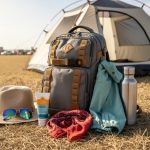 Festival essentials laid out beside a backpack and tent on Saskatchewan prairie grass, including sun protection, water, and wind-ready clothing.