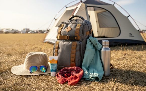 Festival essentials laid out beside a backpack and tent on Saskatchewan prairie grass, including sun protection, water, and wind-ready clothing.