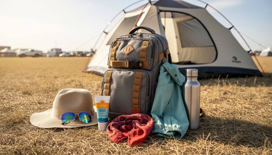 Festival essentials laid out beside a backpack and tent on Saskatchewan prairie grass, including sun protection, water, and wind-ready clothing.