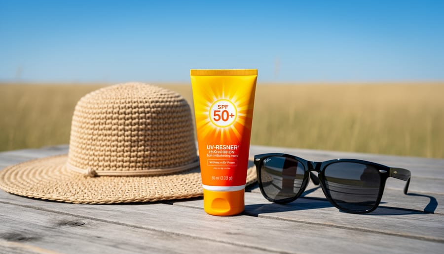 Sunscreen, wide-brim hat, and sunglasses laid out for sun protection at a Saskatchewan festival